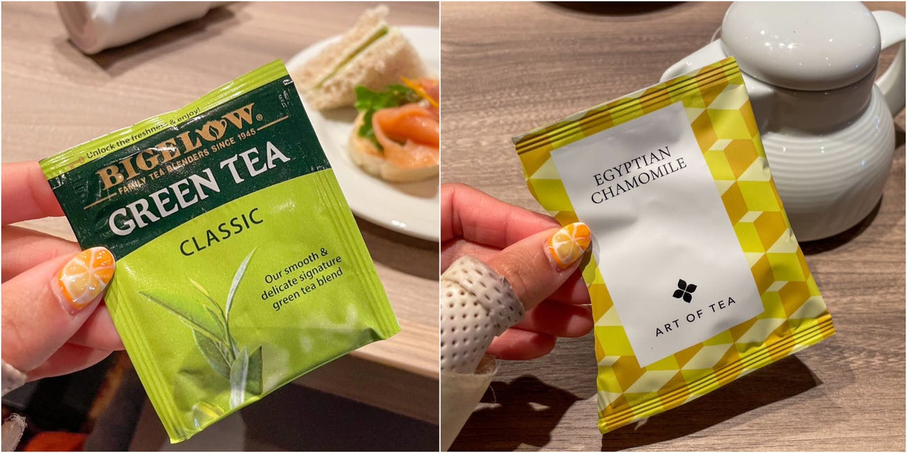 Las bolsitas de Art of Tea (derecha) costaban 1,50 dólares cada una durante la hora del té. El té verde de Bigelow (izquierda) era gratis.