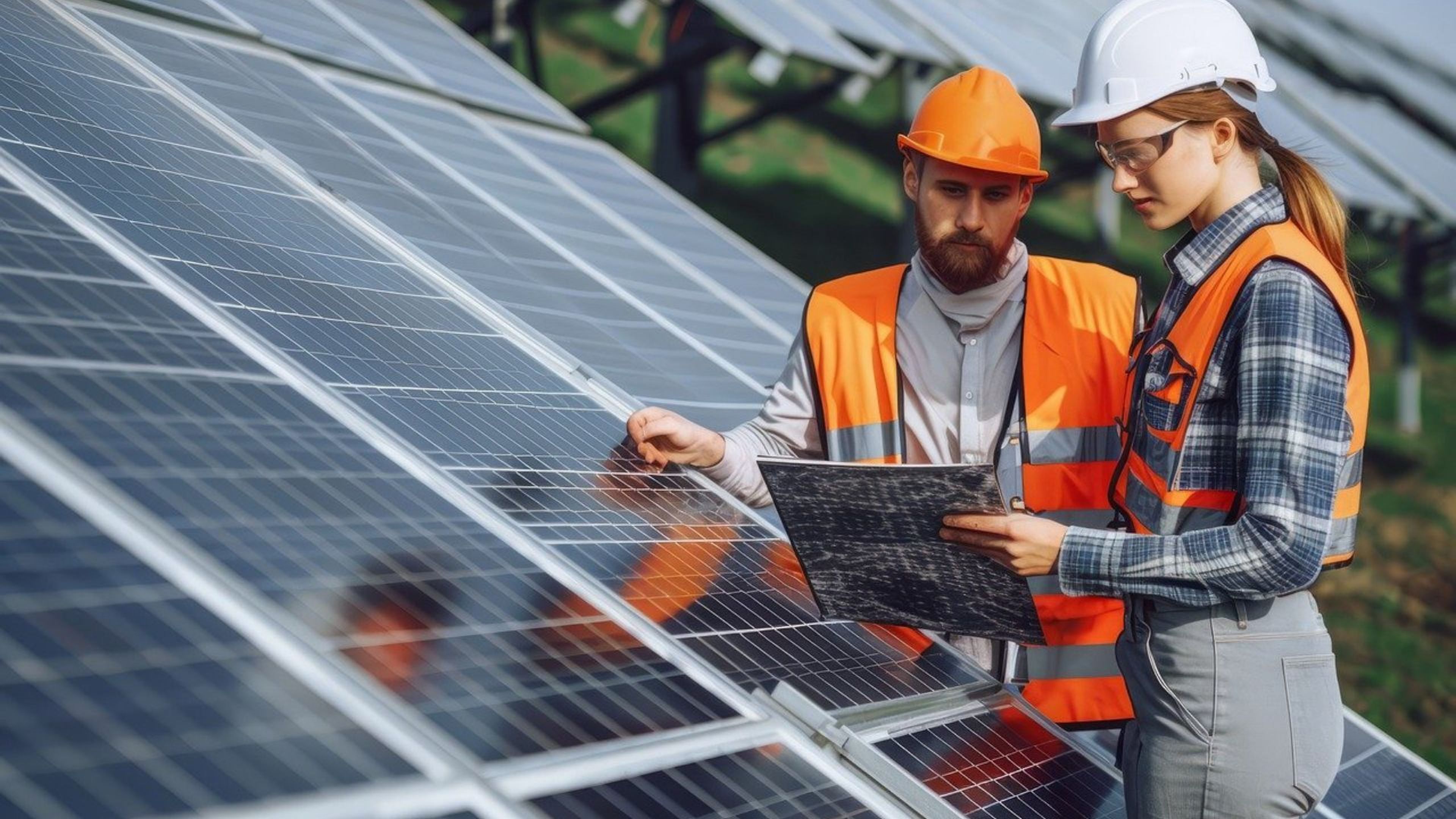 Dos instaladores de placas solares.