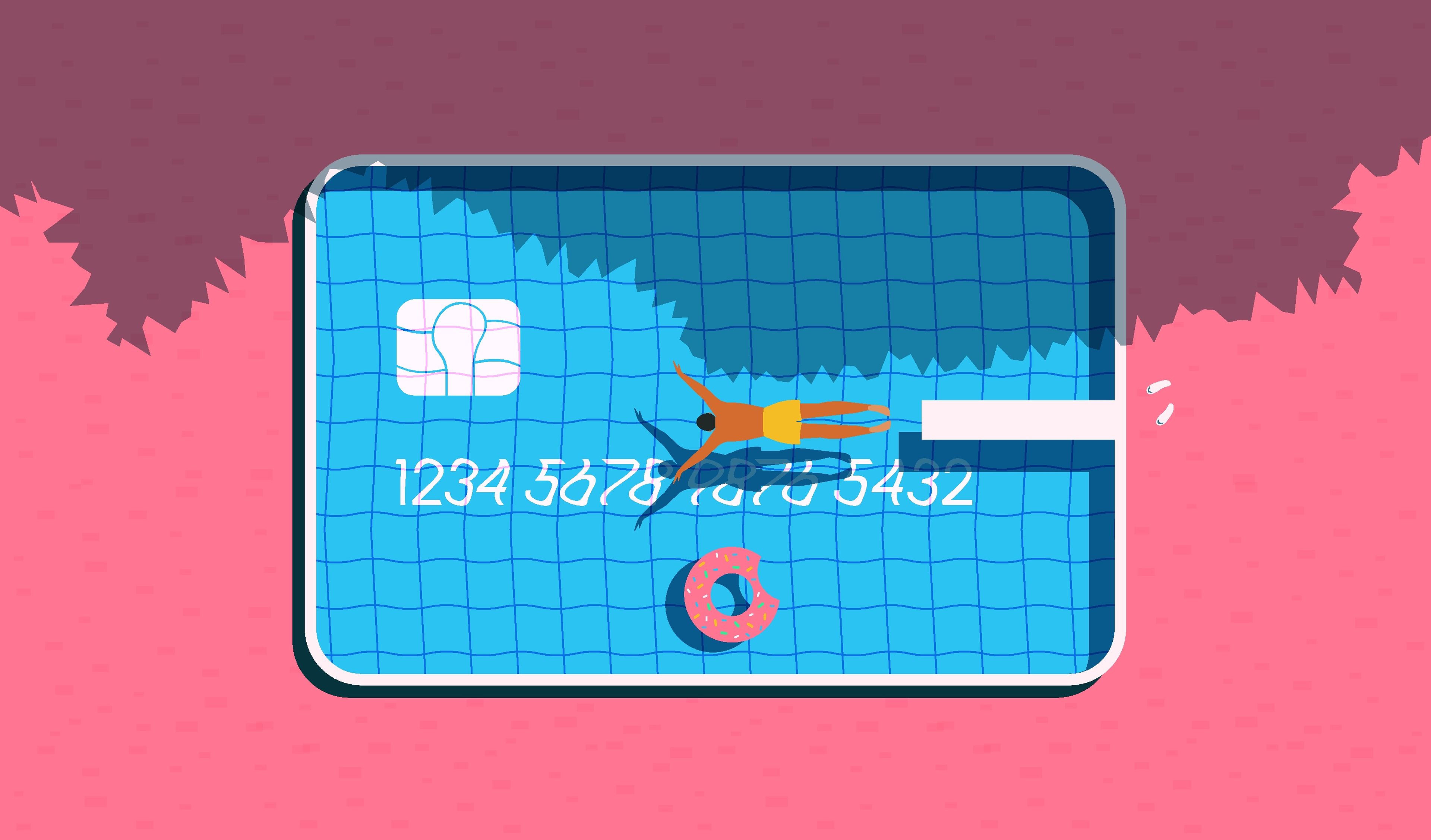 Ilustración verano caro, nadando en una tarjeta de crédito
