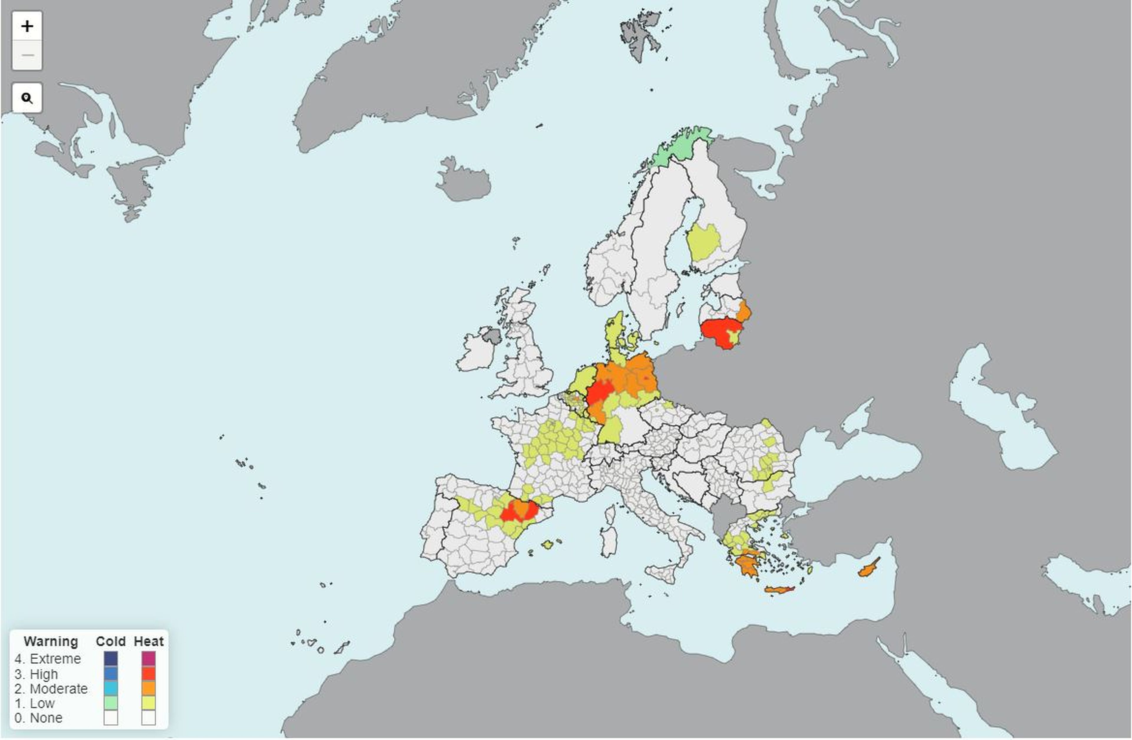 El mapa de Forecaster del 27 de junio, que muestra como lugares con mayor riesgo de calor Zaragoza, Lleida, Renania del Norte-Westfalia en Alemania y el oeste y centro de Lituania.