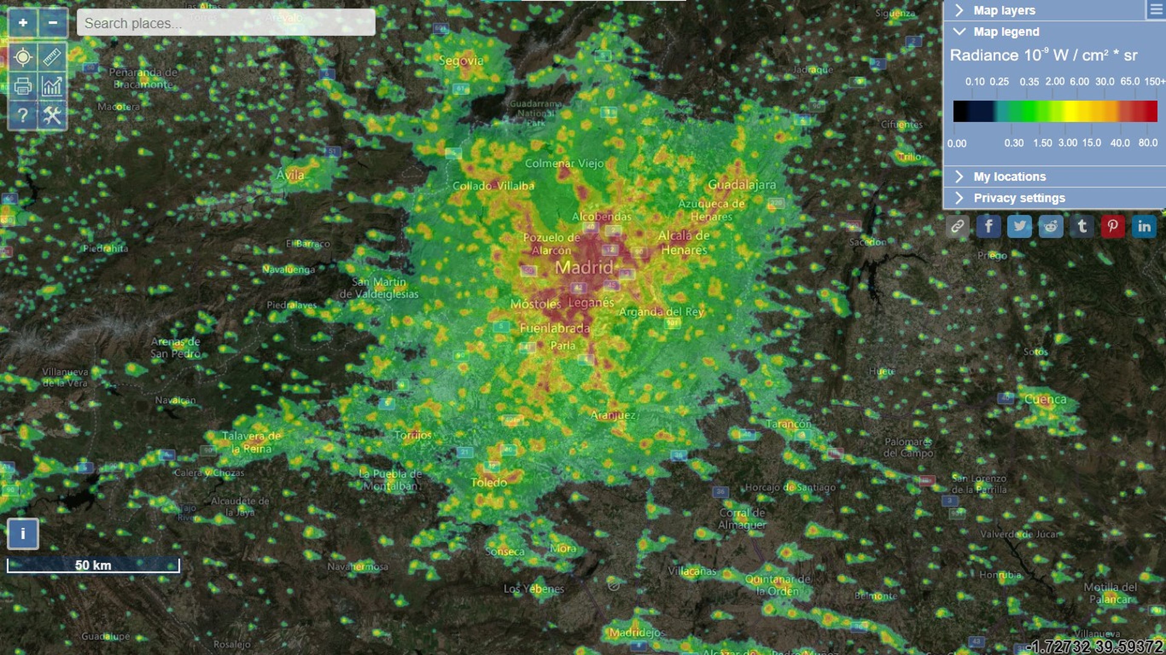 El mapa de contaminación lumínica de Madrid