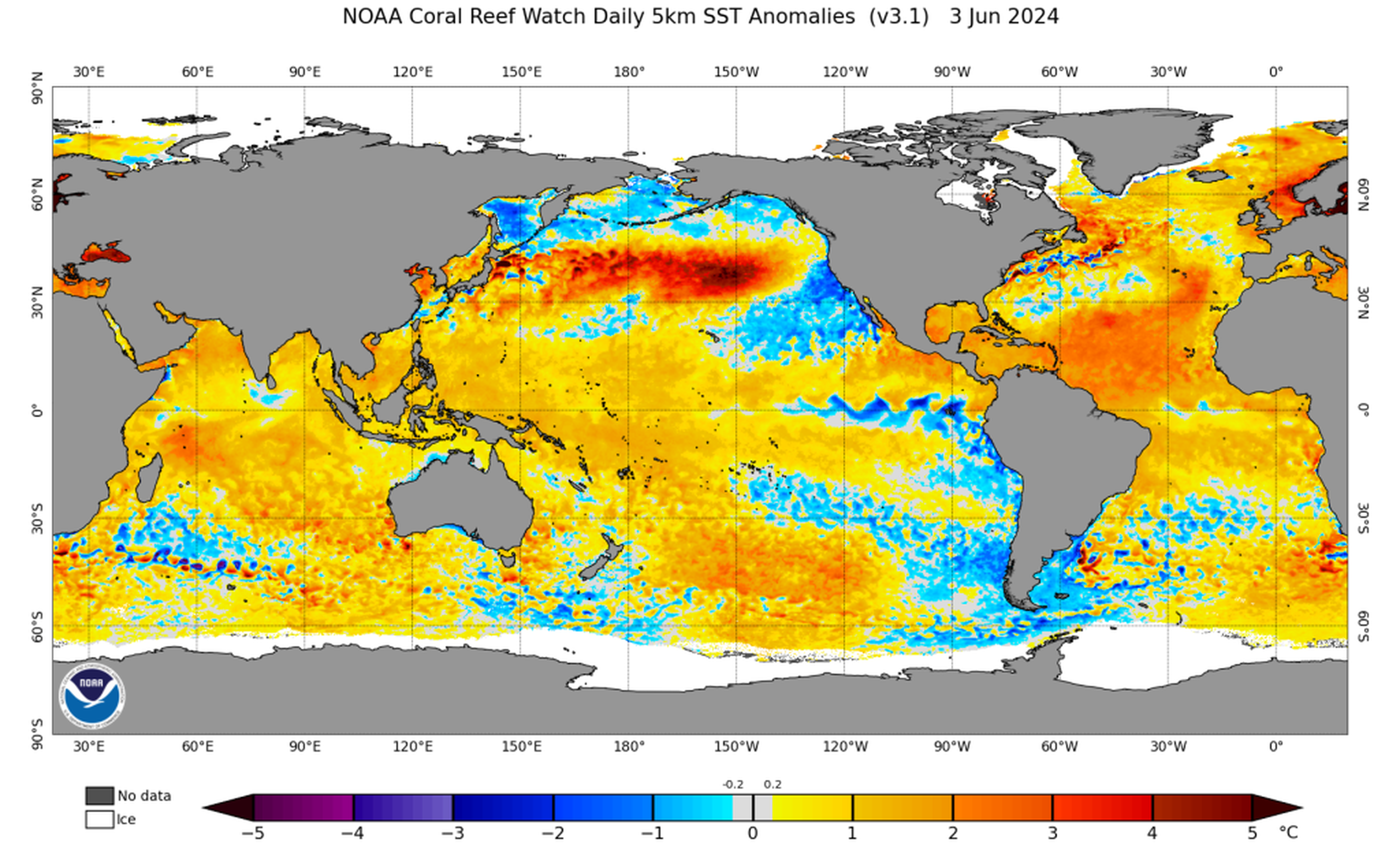 Anomalía negativa que muestra la formación de La Niña en el Pacífico ecuatorial el día 3 de junio. 