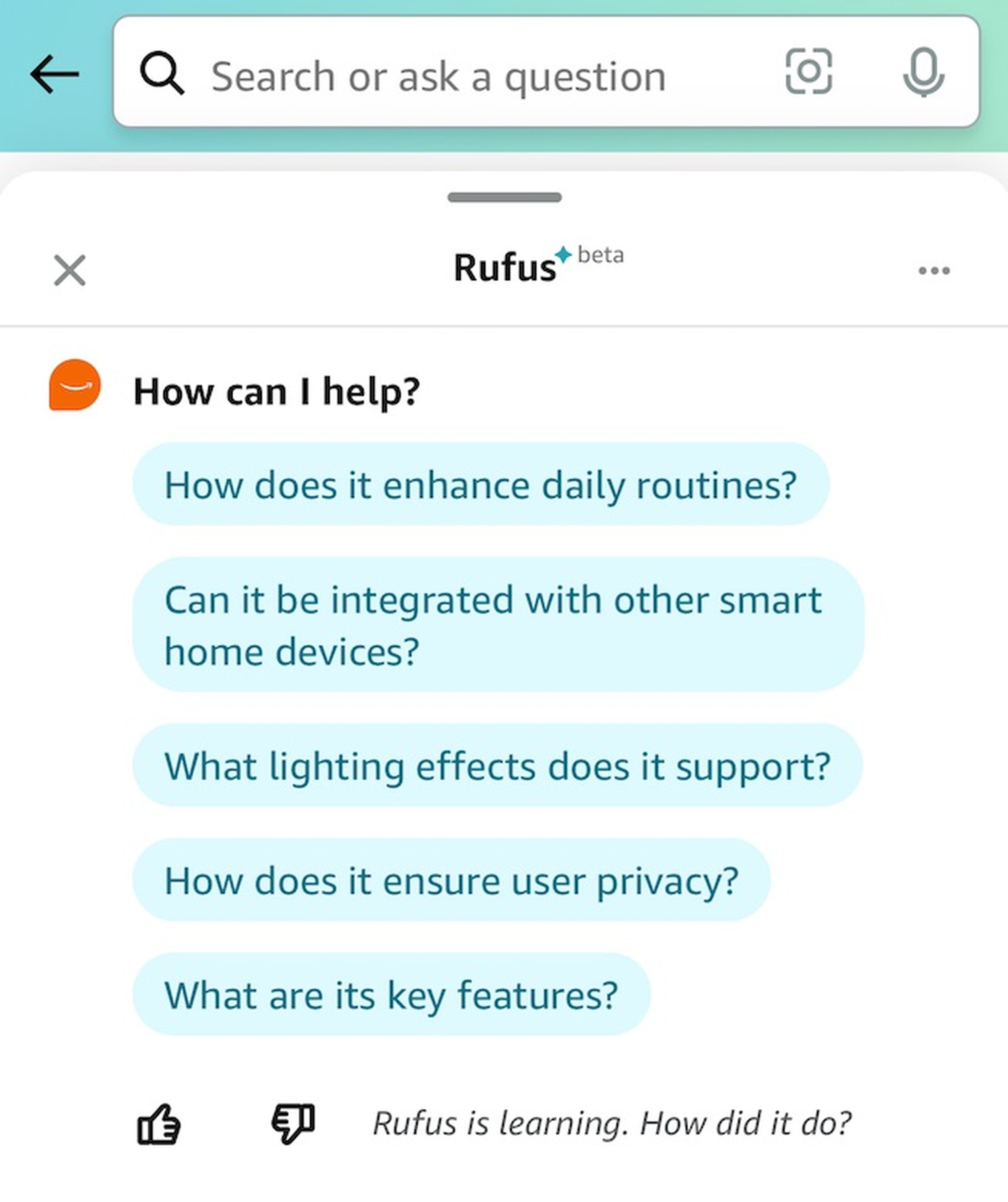 Una captura de pantalla del chatbot de Amazon, Rufus.