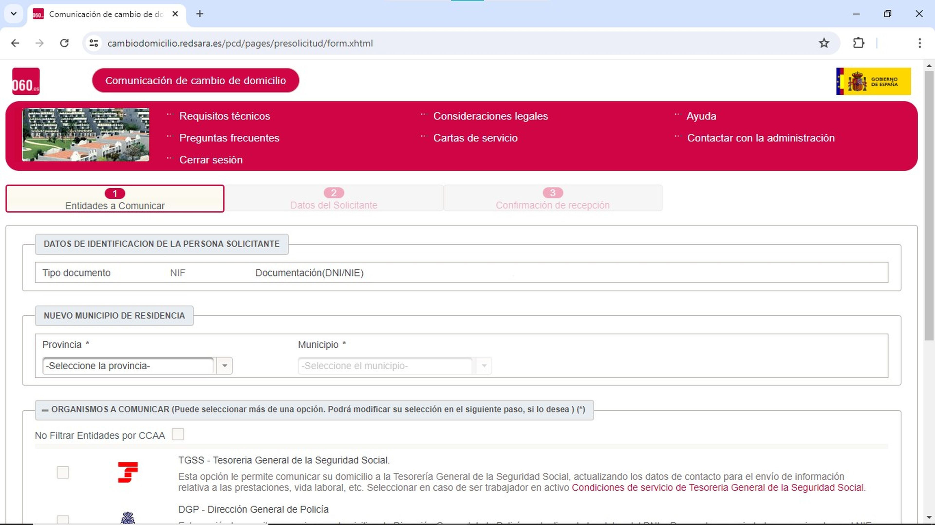 Captura de sede de cambio de domicilio online