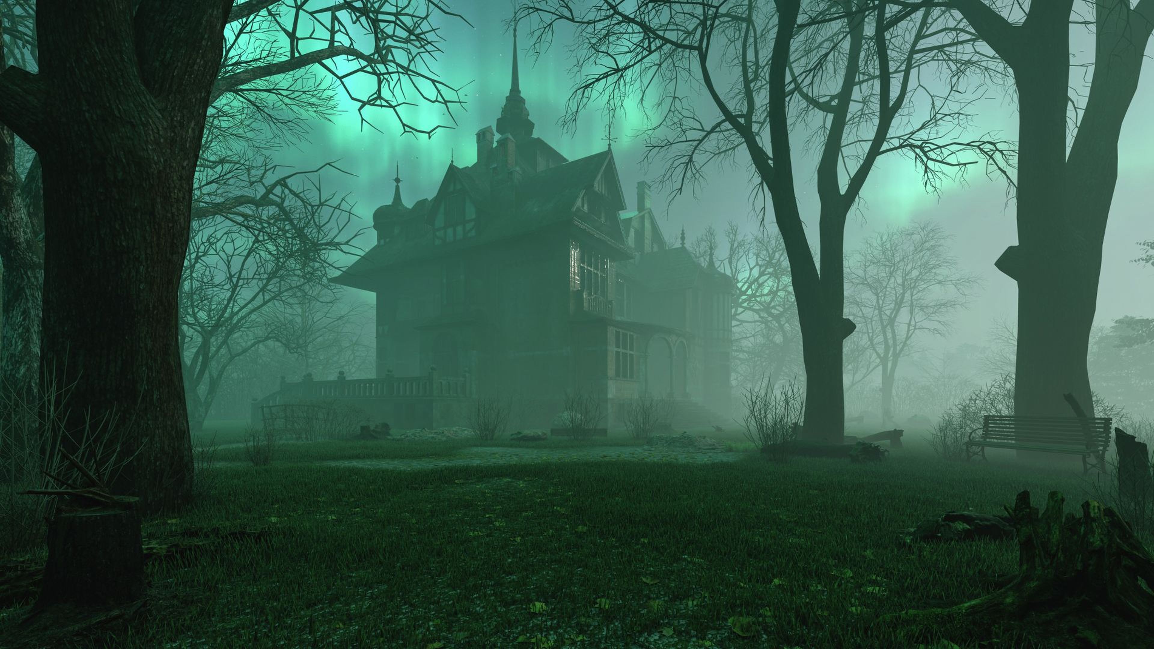 Una mansión vieja en un bosque terrorífico.