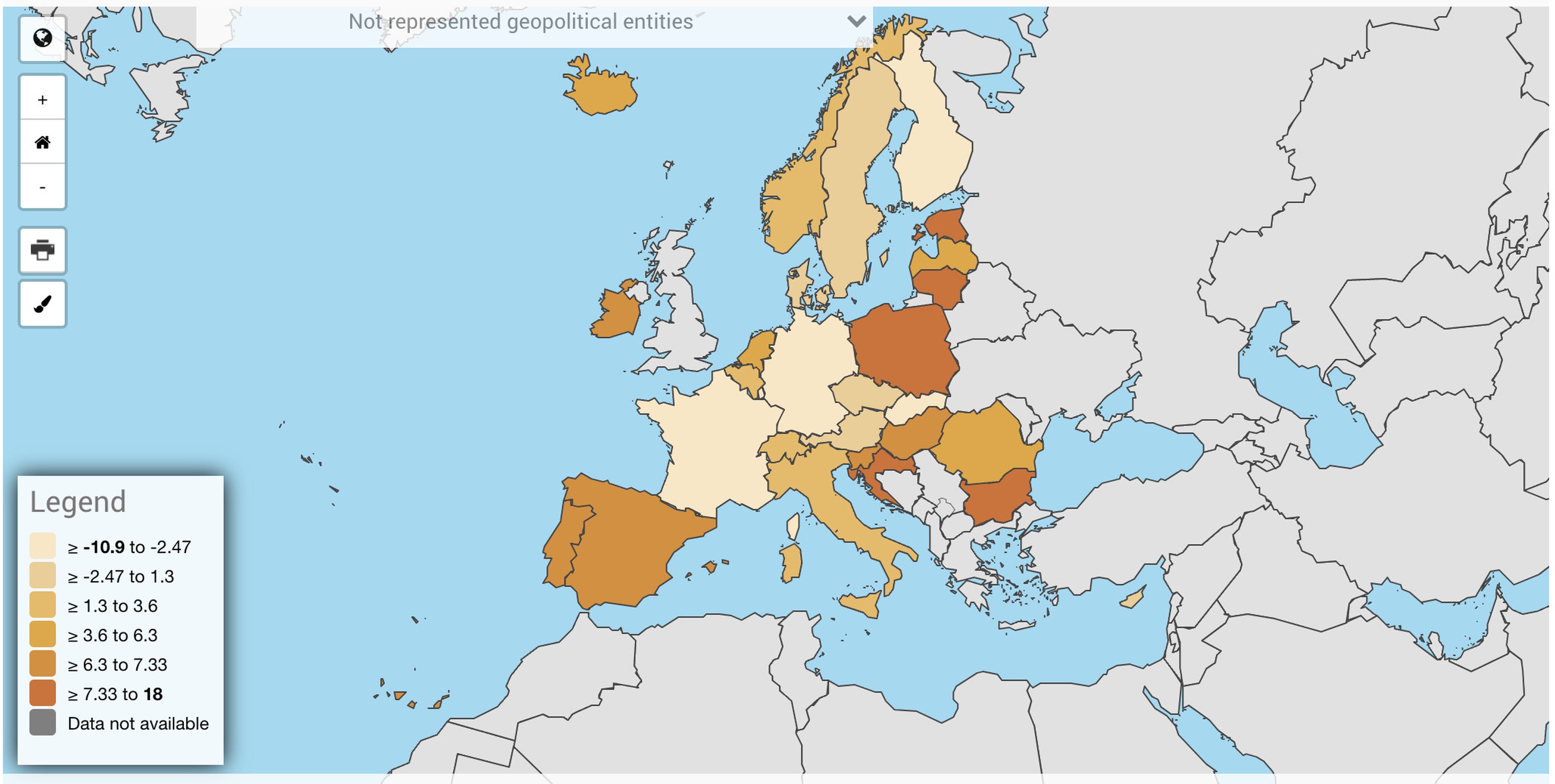 El precio de la vivienda ha subido más en los países de color oscuro.