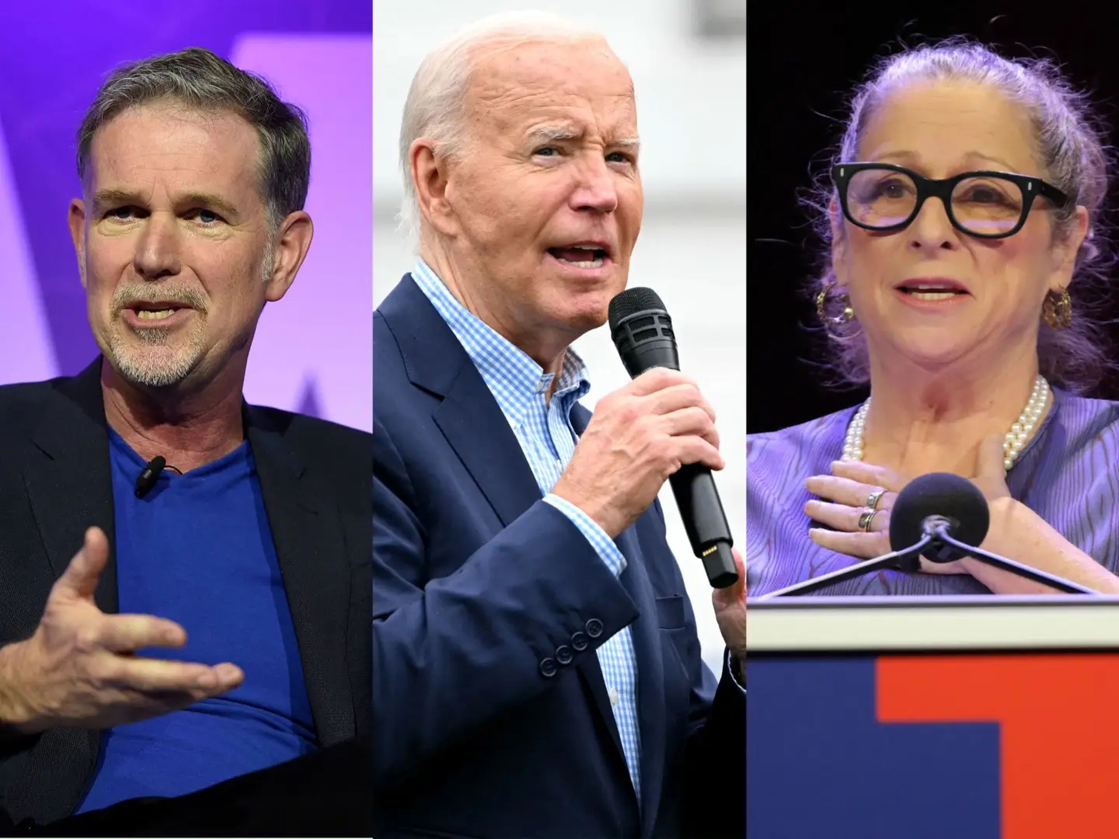 Megadonantes demócratas como el cofundador de Netflix, Reed Hastings (izquierda), y Abigail Disney presionan al presidente Joe Biden para que abandone.