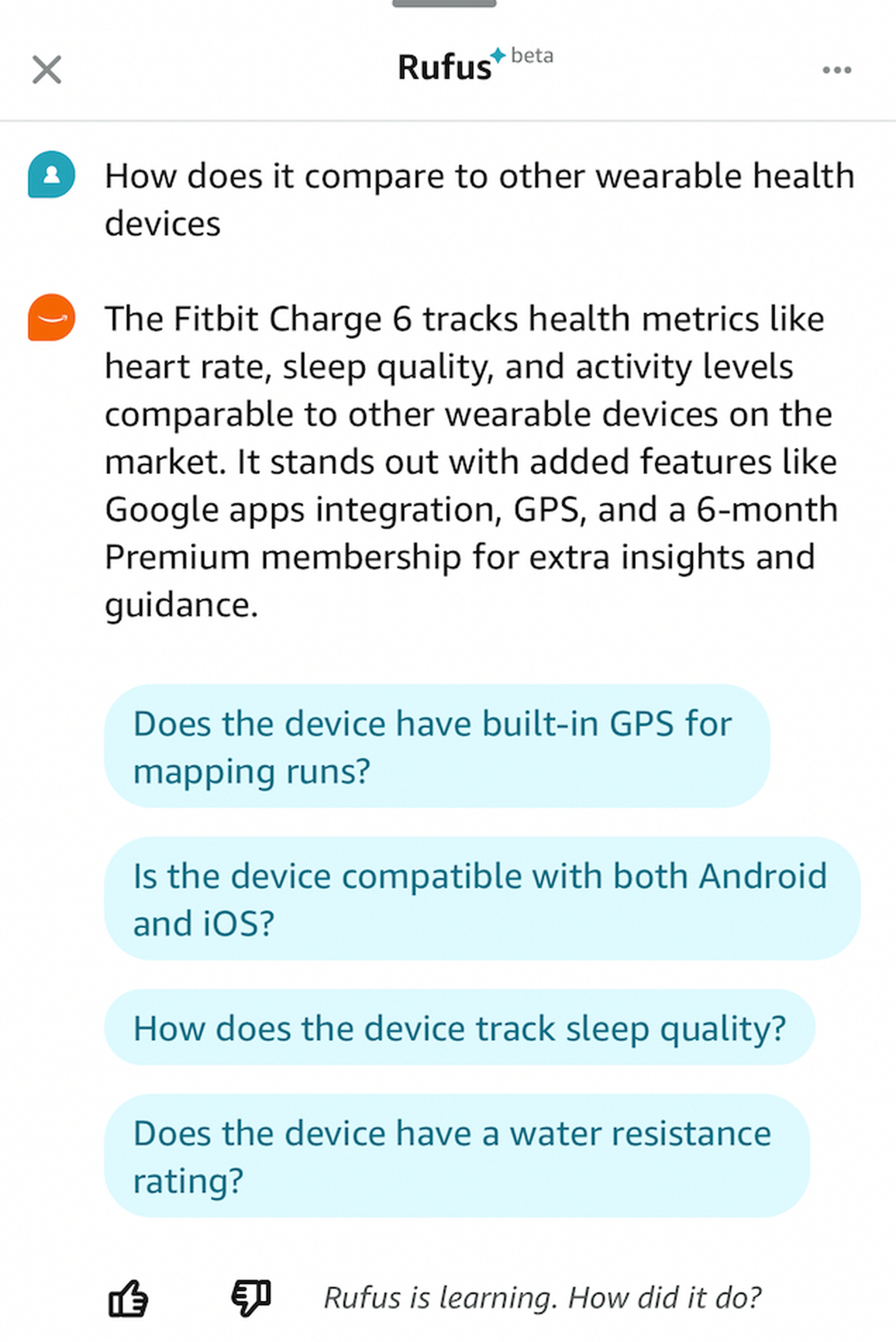 Cuando le pregunté a Rufus qué diferencia había entre Fitbit y otros dispositivos de salud portátiles del mercado, profundizó en los detalles sobre Fitbit. 