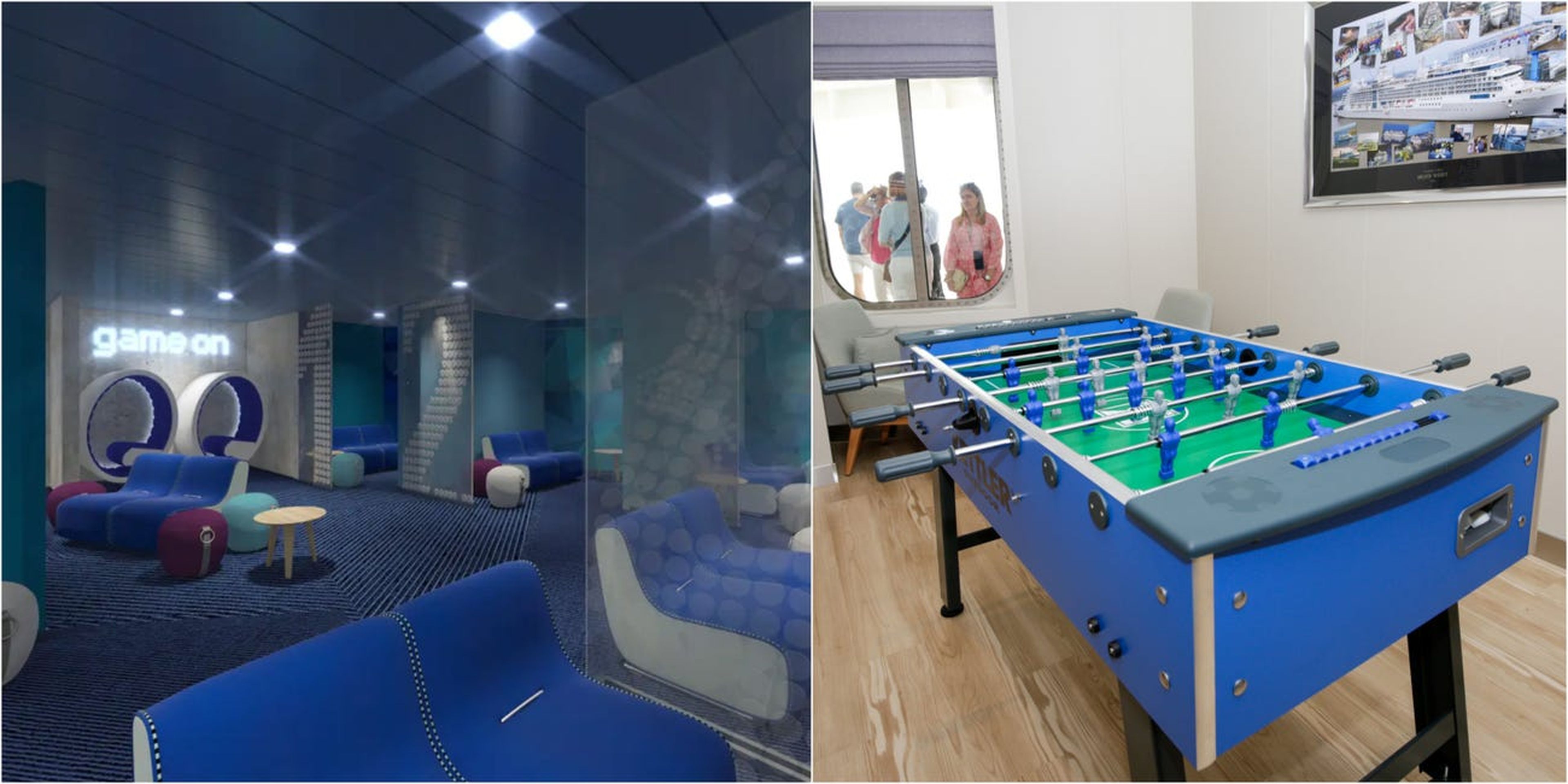 Representación de la sala de juegos del Icon of the Seas (izquierda) y el futbolín de la sala exclusiva para la tripulación del Silver Ray (derecha).