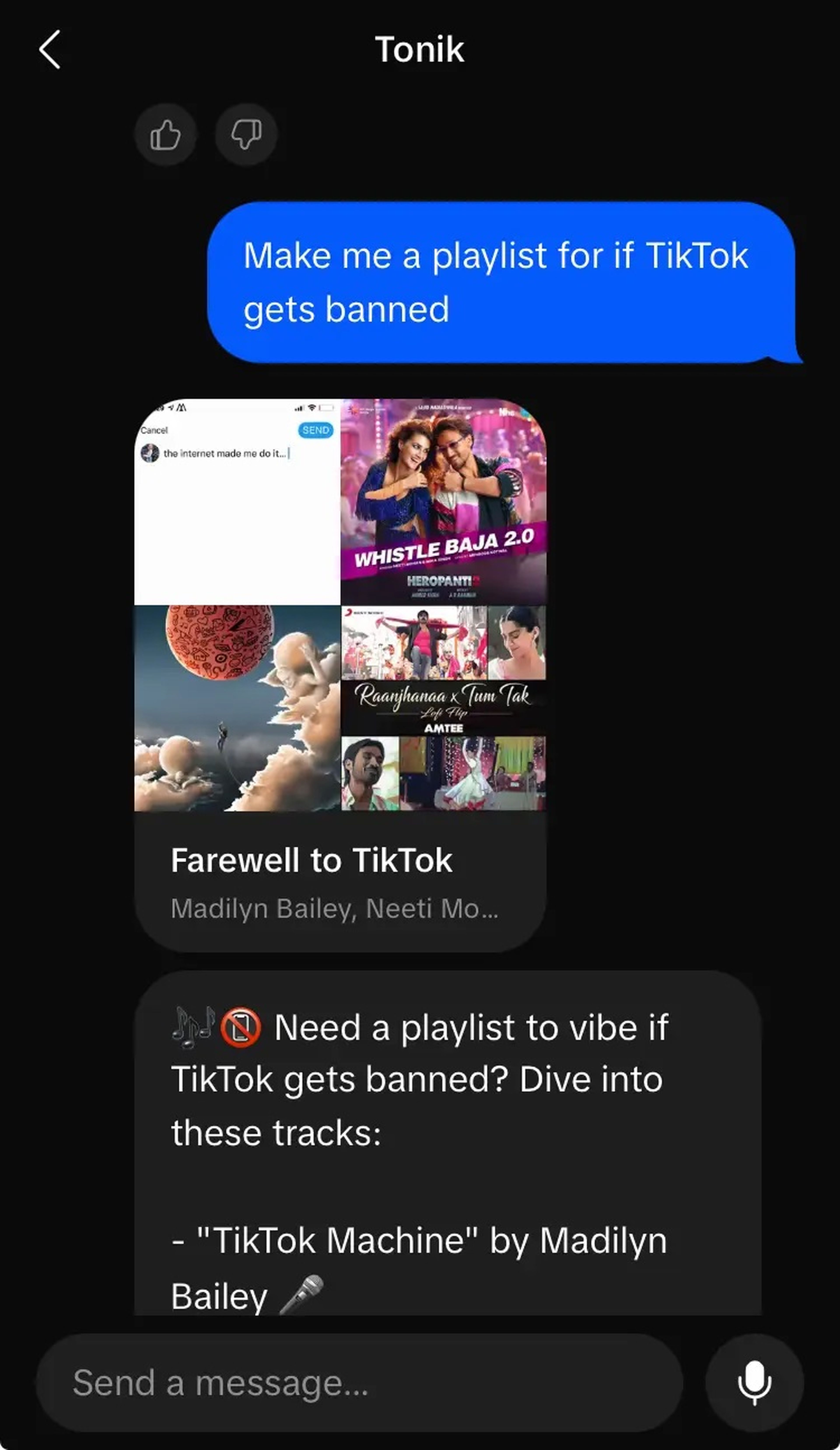 Tonik ofrece una lista de reproducción para que los oyentes 'vibren' si TikTok acaba siendo vetado.