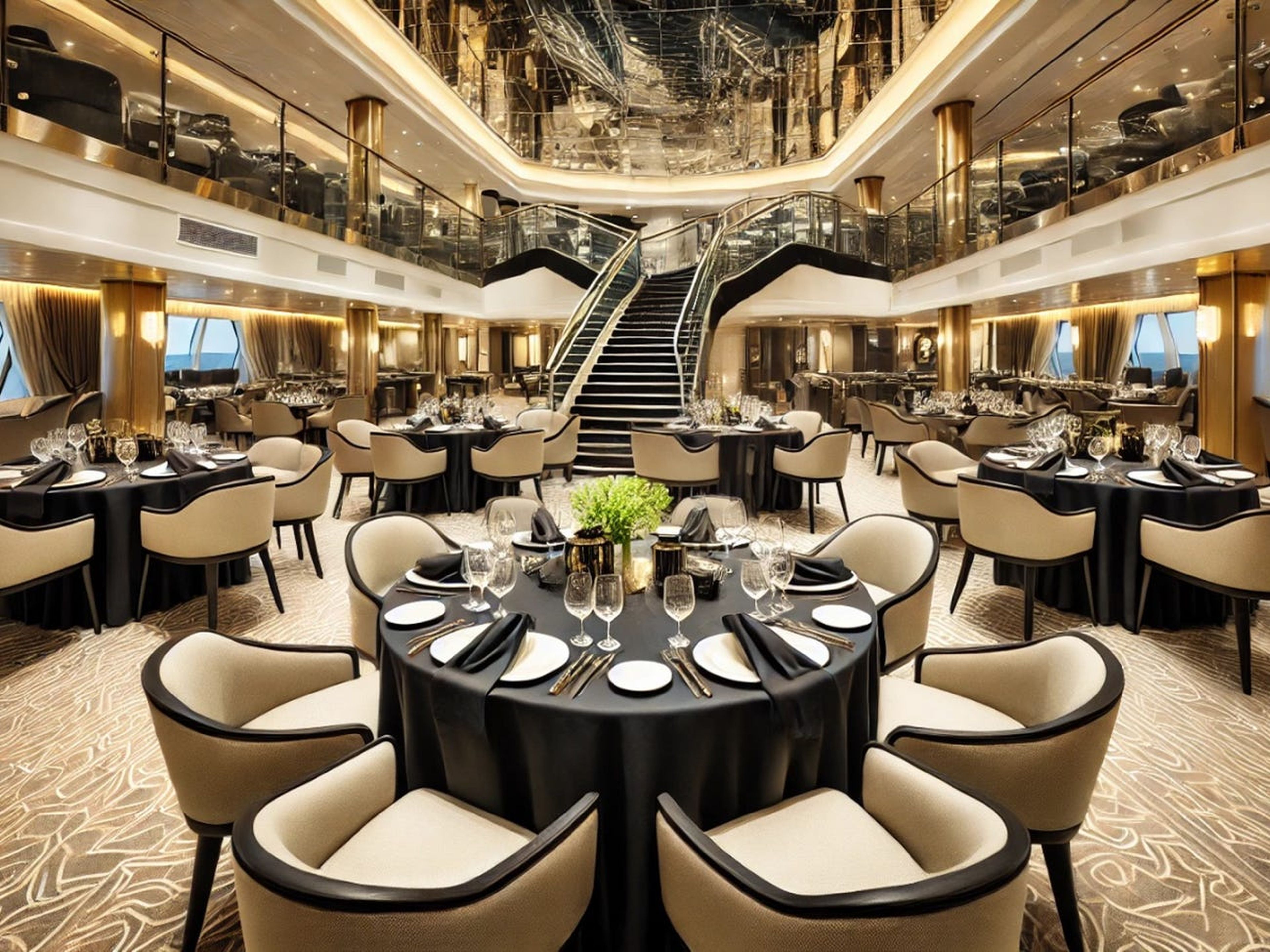 GlobeCruises afirma que su barco tendrá un desayuno y un almuerzo tipo bufé y una cena sentados, como se muestra en un render.