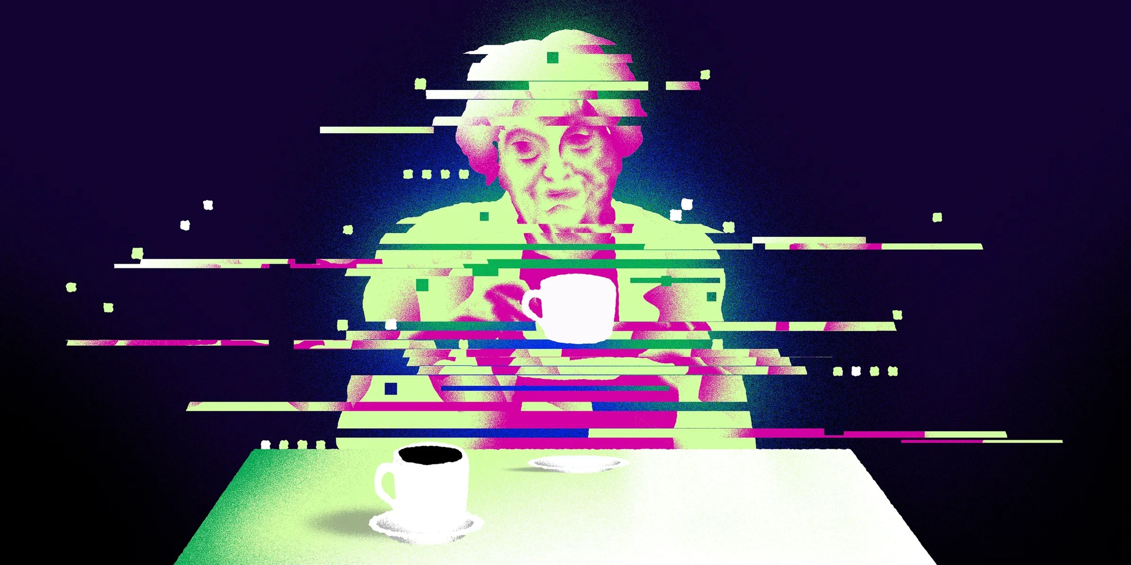 A glitching older woman drinking coffee