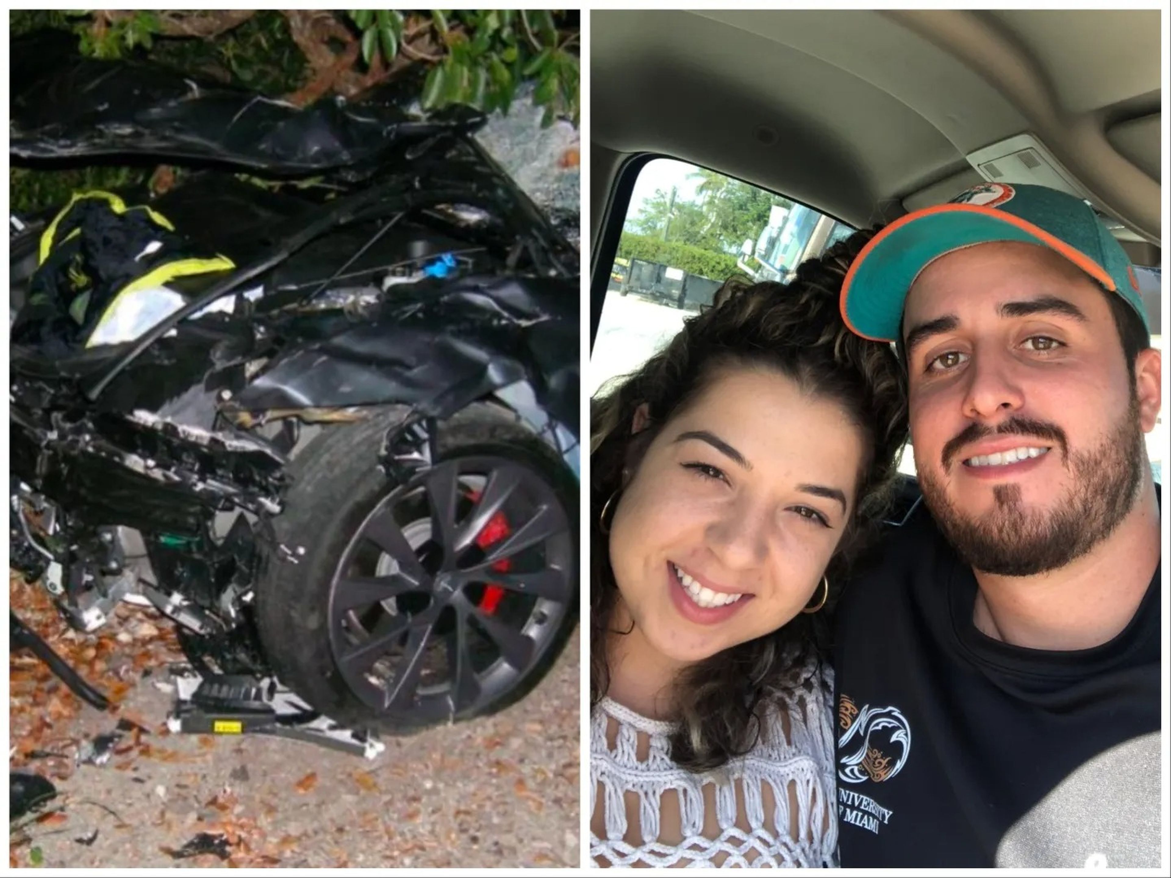 Un Tesla siniestrado; Naibel Benavides León y Dillon Angulo.