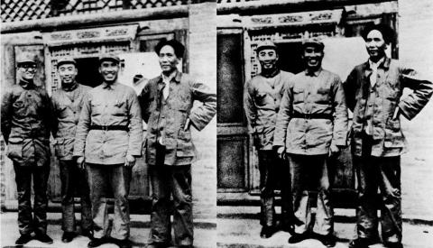 Bo Gu, far left, appears in the photo with Mao Zedong and comrades; in the later photo, he is missing.