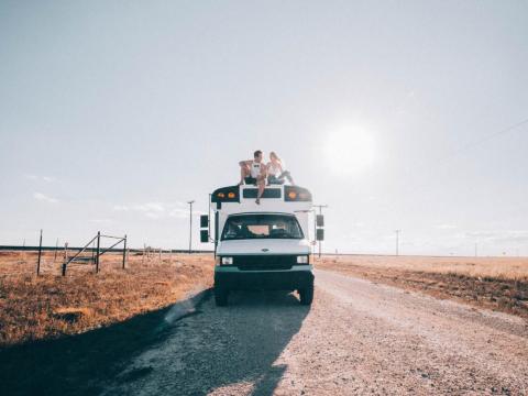 Austin Nicklas and Kenidy Springer in their mini school bus, Bessi. Austin Nicklas and Kenidy Springer in their mini school bus, Bessi.