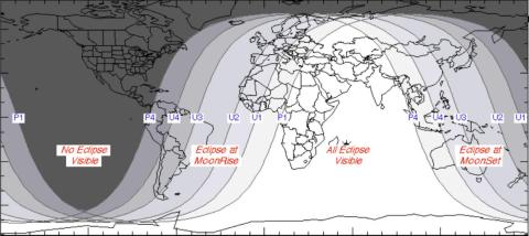 Mapa de las localizaciones donde se verá el eclipse total lunar