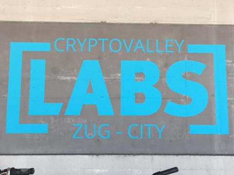 A sign outside of the Crypto Valley Labs coworking space in Zug.