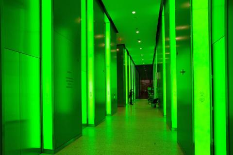 3 World Trade Center's lobby also has the unique ability to change colors, which the building's management controls. Here's what it looks like bathed in green light: