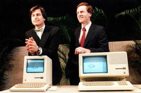 Jobs and Sculley at the launch of the Macintosh.