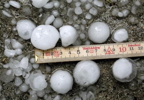 A metering rule is placed beside hailstones after a hail storm hit the city of Zurich July 1, 2012. A metering rule is placed beside hailstones after a hail storm hit the city of Zurich July 1, 2012.