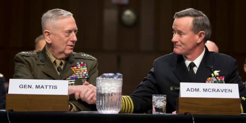 US Marine Corps Gen. James Mattis and US Navy Adm. William McRaven shake hands on Capitol Hill in Washington, March 5, 2013. US Marine Corps Gen. James Mattis and US Navy Adm. William McRaven shake hands on Capitol Hill in Washington, March 5, 2013.