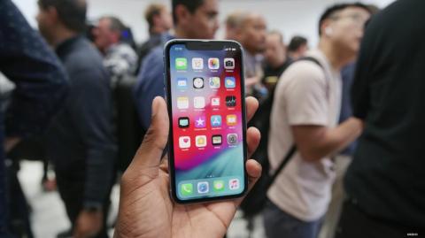 The iPhone XR also comes in blue. Here it is from the front.