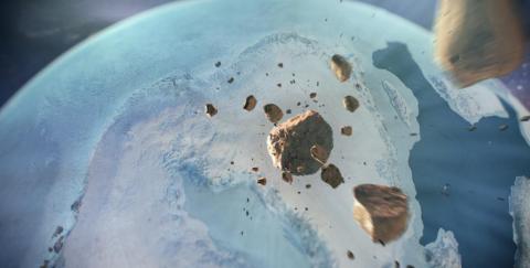 Una ilustración de los asteroides moviéndose rápidamente y sin control hacia la Tierra.