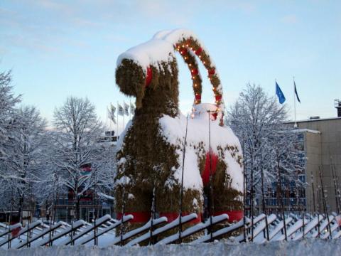 A giant straw yule goat in Gefle, Sweden.