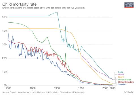 Índice de mortalidad infantil. Se muestra la proporción de niños nacidos vivos que mueren antes de cumplir los cinco años.