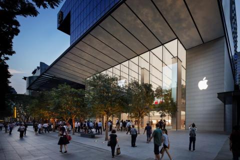Apple's first store in Southeast Asia opened in Singapore in early 2017. The 120-foot glass facade blurs inside and out, and 16 trees add to the city’s already lush greenery.