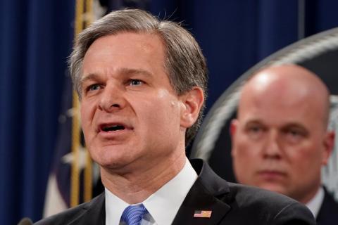 FBI Director Christopher Wray at the press conference.