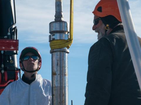 Lead Driller Dennis Duling (right) and PI Brent Christner (left) with the hot water drill moments before it began its 4,000 foot journey downwards to Mercer Subglacial Lake.