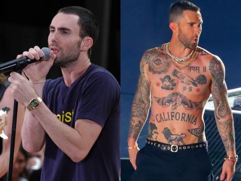 Adam Levine is truly covered in tattoos: he has two full sleeves, an entire back piece, and multiple chest and stomach tattoos. Adam Levine is truly covered in tattoos: he has two full sleeves, an entire back piece, and multiple chest and stomach tattoos.