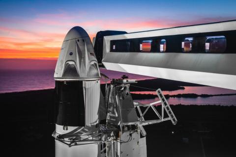 A view of SpaceX's Crew Dragon capsule atop a Falcon 9 rocket in Cape Canaveral, Florida. The spacecraft is part of NASA's Commercial Crew Program to launch astronauts into orbit from US soil. A view of SpaceX's Crew Dragon capsule atop a Falcon 9 rocket in Cape Canaveral, Florida. The spacecraft is part of NASA's Commercial Crew Program to launch astronauts into orbit from US soil.