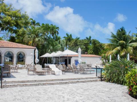Right next to the mansion is the poolside Beach Club, a collection of outdoor pavilions clustered around a swimming pool. There's a cocktail bar and a sushi bar.