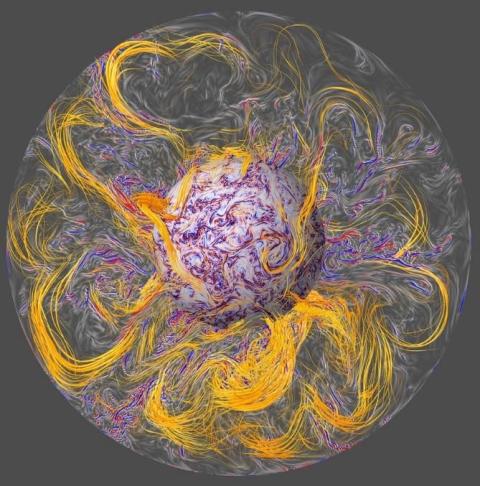 A visualization of the interior of the Earth's core, as represented by a computer simulation model.