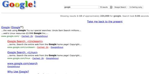 12. Searching “Google in 1998” will bring you to a page reminiscent of what Google looked like a couple decades ago, complete with company background info — and that awful logo.