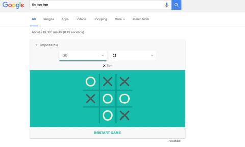 2. Searching “tic tac toe” will let you start up that game. You can set it to play against a friend or Google itself. For a real challenge, set the difficulty to “Impossible,” and try to get anything done at work.