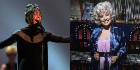 Whitney Houston actuando en 1994 en American Music Awards; Dolly Parton en 1980.
