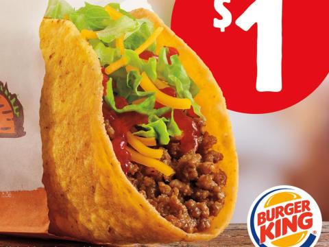 For comparison, the advertisement shows a perfectly symmetrical golden tortilla shell stuffed with ground beef, sauce, shredded cheese, and lettuce.