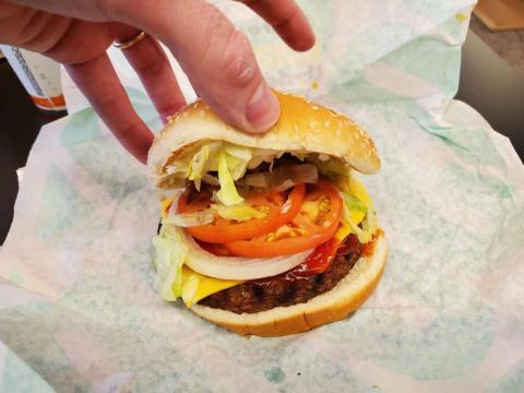 Otherwise, you get the usual Whopper toppings — tomato, lettuce, onion, ketchup, mayonnaise, pickles, and the optional cheese.