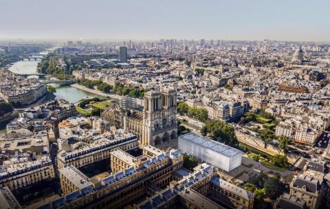 A rendering of the pop-up worship center in front of Notre Dame. A rendering of the pop-up worship center in front of Notre Dame.
