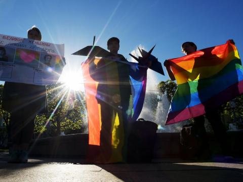 Some ten Gay right activists attend a rally as they mark World Day Against Homophobia and Transophobia in Saint Petersburg on May 17, 2019. Some ten Gay right activists attend a rally as they mark World Day Against Homophobia and Transophobia in Saint Petersburg on May 17, 2019.