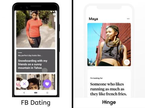 Screenshots from Facebook Dating, left, and Hinge.