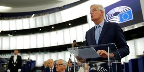 European Union's chief Brexit negotiator Michel Barnier addresses the plenary of the European Parliament on Britain's withdrawal from the European Union during a debate on Brexit at the European Parliament in Strasbourg, France, European Union's chief Brexit negotiator Michel Barnier addresses the plenary of the European Parliament on Britain's withdrawal from the European Union during a debate on Brexit at the European Parliament in Strasbourg, France,