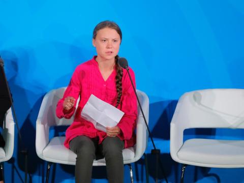 16-year-old Swedish climate activist Greta Thunberg speaks at the 2019 United Nations Climate Action Summit at UN headquarters in New York City, September 23, 2019.
