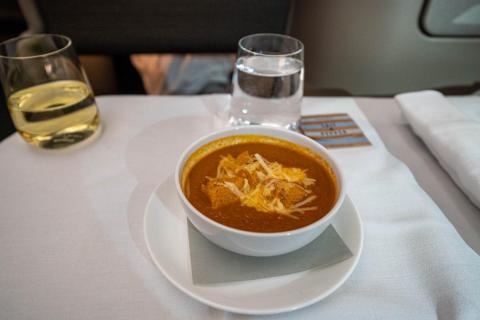 For the first course — essentially a late lunch, Sydney time — I had the spicy tomato and saffron soup with Gruyère croutons. It was fabulous, not too spicy, but enough so that it was flavorful, and it definitely helped me wake up