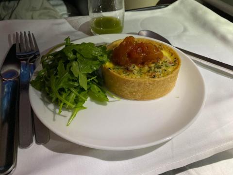 For my main, I had the egg-bacon-and-herb tart (basically a quiche) with caramelized-onion relish. Like everything else I ate during the flight, it was perfect.