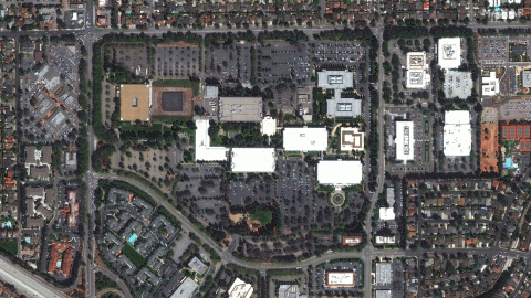 Apple's campus in Cupertino, California, transforms from a patch of purchased buildings (August 30, 2012) into a spaceship-like campus (September 2, 2019).