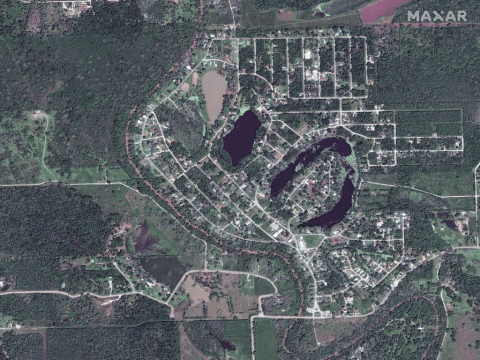 Holiday Lakes, Texas, before Hurricane Harvey on April 3, 2017, and after the storm on August 30 2017.